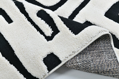 Madu Abstract Maze Geometric Powerloom Rugs - Contemporary White & Black