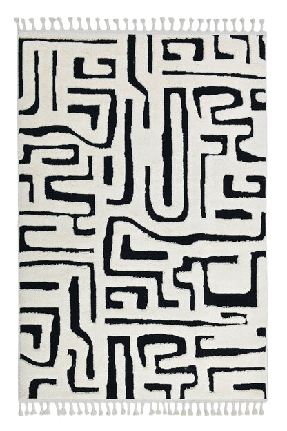 Madu Abstract Maze Geometric Powerloom Rugs - Contemporary White & Black