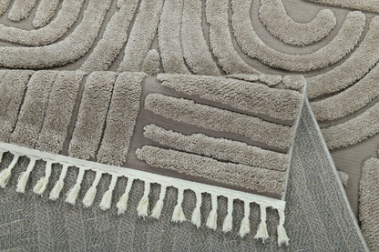 Madu Moroccan Grey & Beige Powerloom Abstract Curved Geometric Rugs