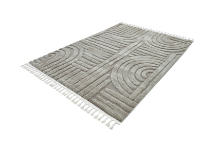 Madu Moroccan Grey & Beige Powerloom Abstract Curved Geometric Rugs