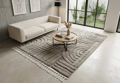 Madu Moroccan Grey & Beige Powerloom Abstract Curved Geometric Rugs