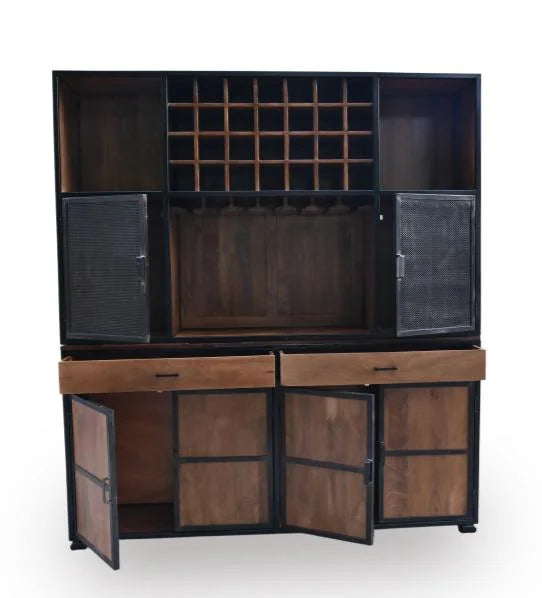 2-Piece Mango Wood Bar Cabinet with Wine Rack and Iron Frame - doors open view