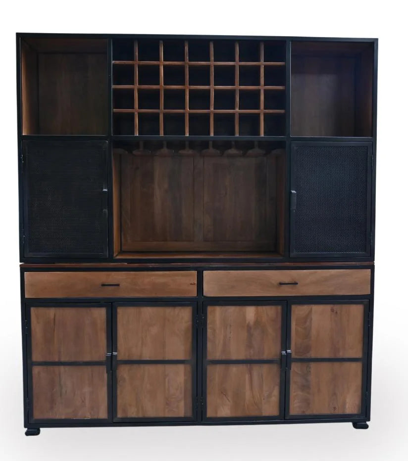 2-Piece Mango Wood Bar Cabinet with Wine Rack and Iron Frame - front view