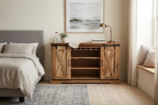 Mango Wood Sideboard with 2 Sliding Barn Doors - interior view