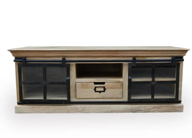 Mango Wood TV Unit with 1 Drawer and 2 Sliding Glass Doors - front view