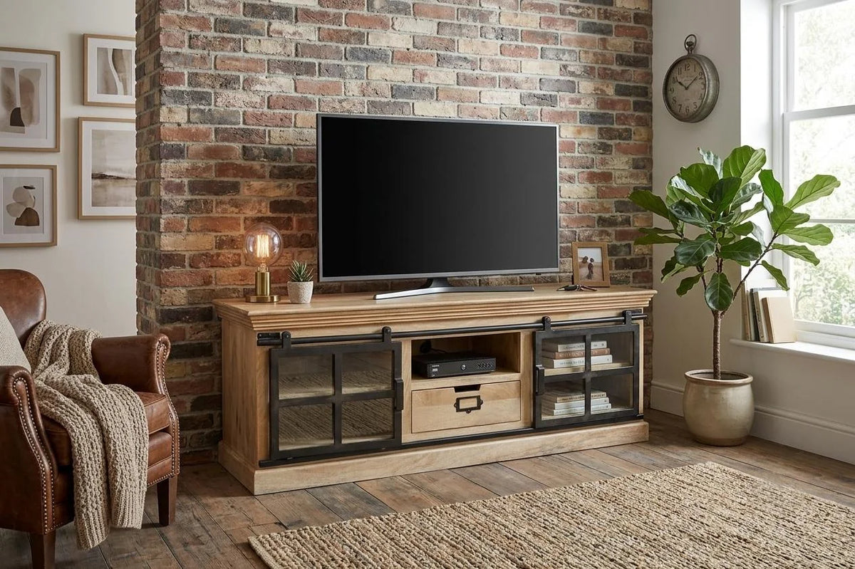 Mango Wood TV Unit with 1 Drawer and 2 Sliding Glass Doors - interior view