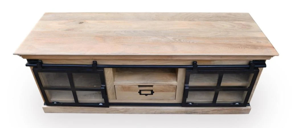 Mango Wood TV Unit with 1 Drawer and 2 Sliding Glass Doors - top view
