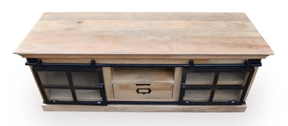 Mango Wood TV Unit with 1 Drawer and 2 Sliding Glass Doors - top view