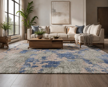 Modern High Low Denim Olive Rugs | Abstract Design