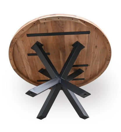 Round Acacia Wood Dining Table with Iron Legs - base detail view