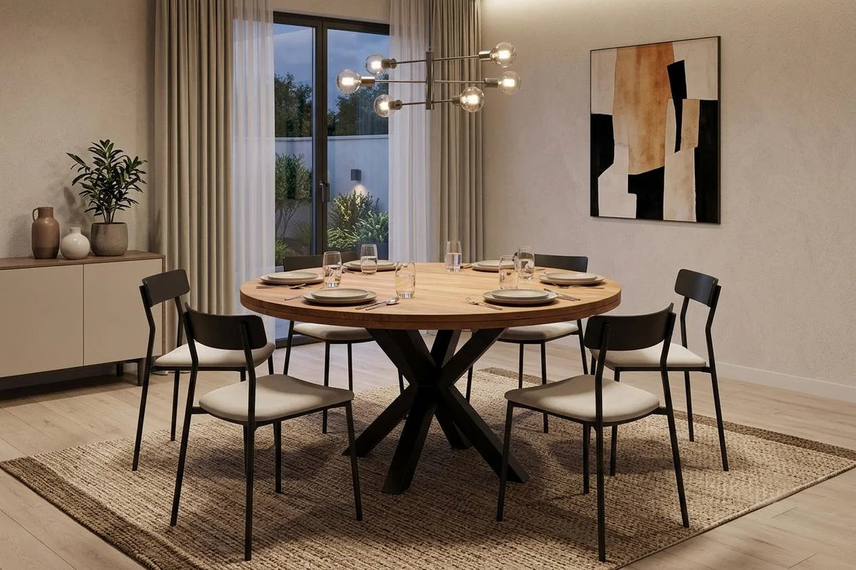 Round Acacia Wood Dining Table with Iron Legs - interior view