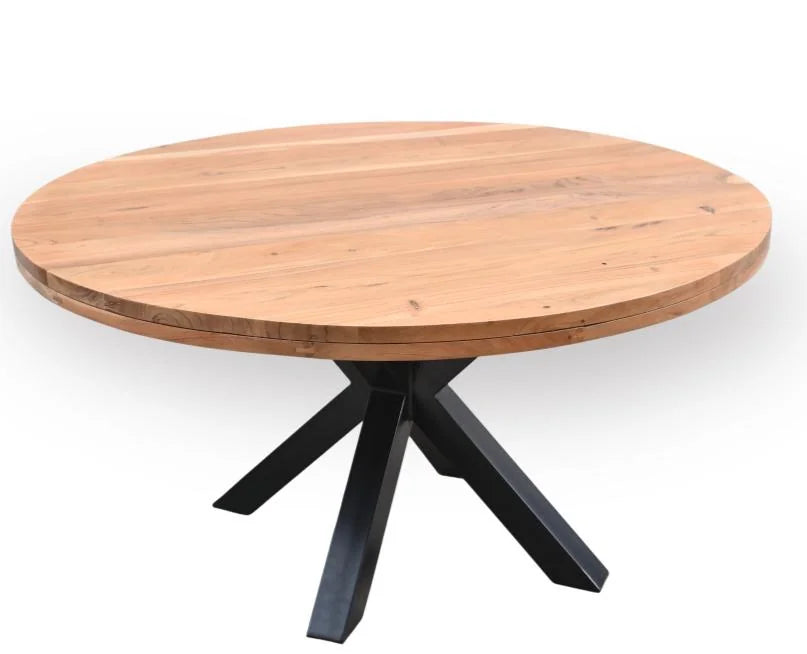Round Acacia Wood Dining Table with Iron Legs - top angle view
