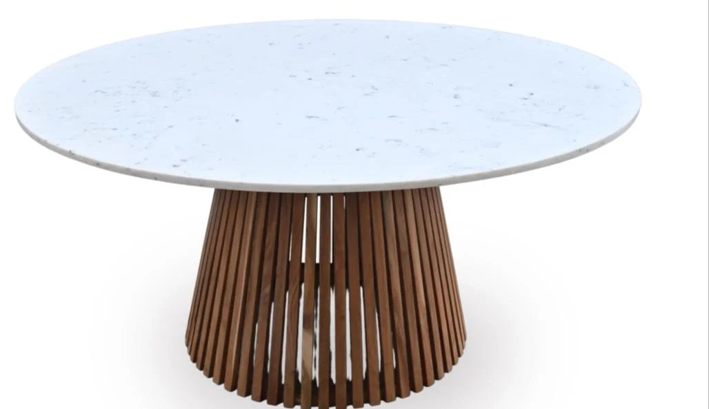 Round Dining Table with Marble Top and Acacia Wood Base - angle view