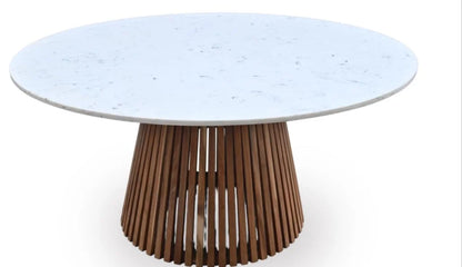 Round Dining Table with Marble Top and Acacia Wood Base - angle view