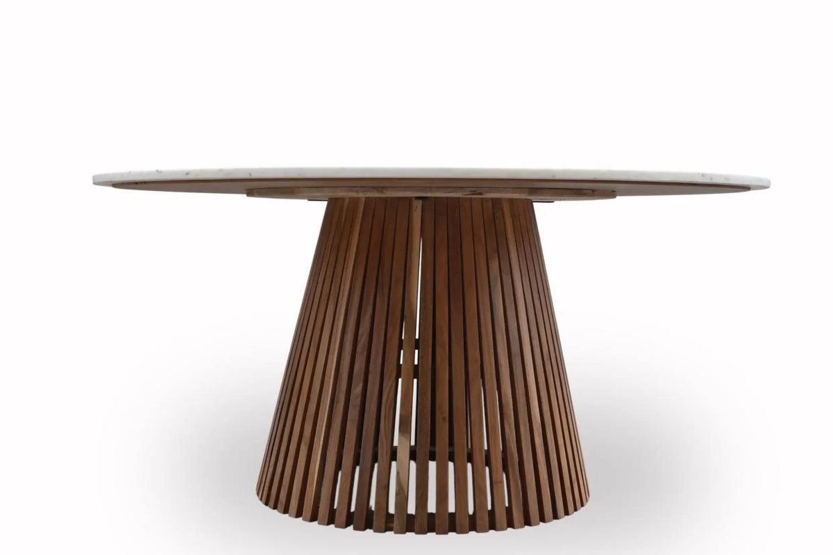 Round Dining Table with Marble Top and Acacia Wood Base - front view
