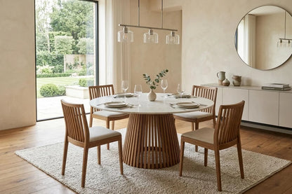 Round Dining Table with Marble Top and Acacia Wood Base - interior view