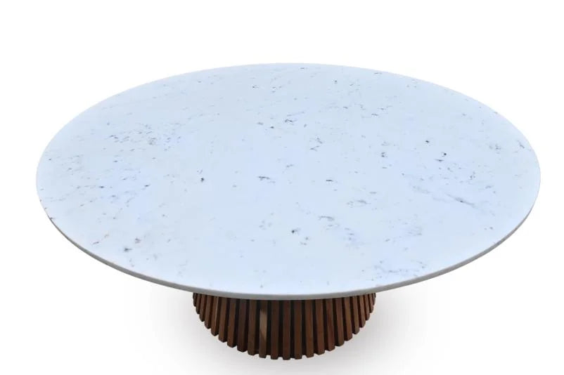 Round Dining Table with Marble Top and Acacia Wood Base - top view