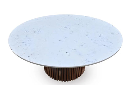Round Dining Table with Marble Top and Acacia Wood Base - top view