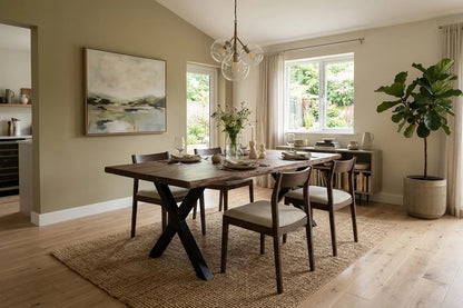 50mm Rustix Live Edge Acacia Wood Dining Table with X-Shaped Legs - interior view
