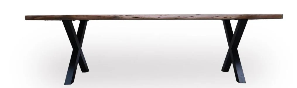 50mm Rustix Live Edge Acacia Wood Dining Table with X-Shaped Legs - side view