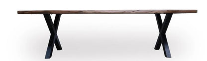 50mm Rustix Live Edge Acacia Wood Dining Table with X-Shaped Legs - side view