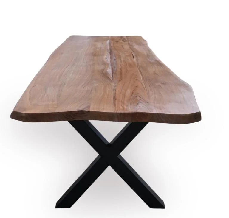 50mm Rustix Live Edge Acacia Wood Dining Table with X-Shaped Legs - top angle view