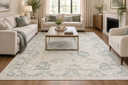 Traditional Distressed Floral Rug in Ivory Vintage inspired design