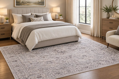 Traditional Vintage Floral Rug - Natural Beige & Ivory Distressed Design