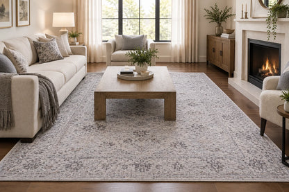 Traditional Vintage Floral Rug - Natural Beige & Ivory Distressed Design